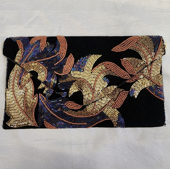 Ricki Designs Black Velvet Beaded Floral Design Snap Front Purse Crossbody - Picture 5 of 16